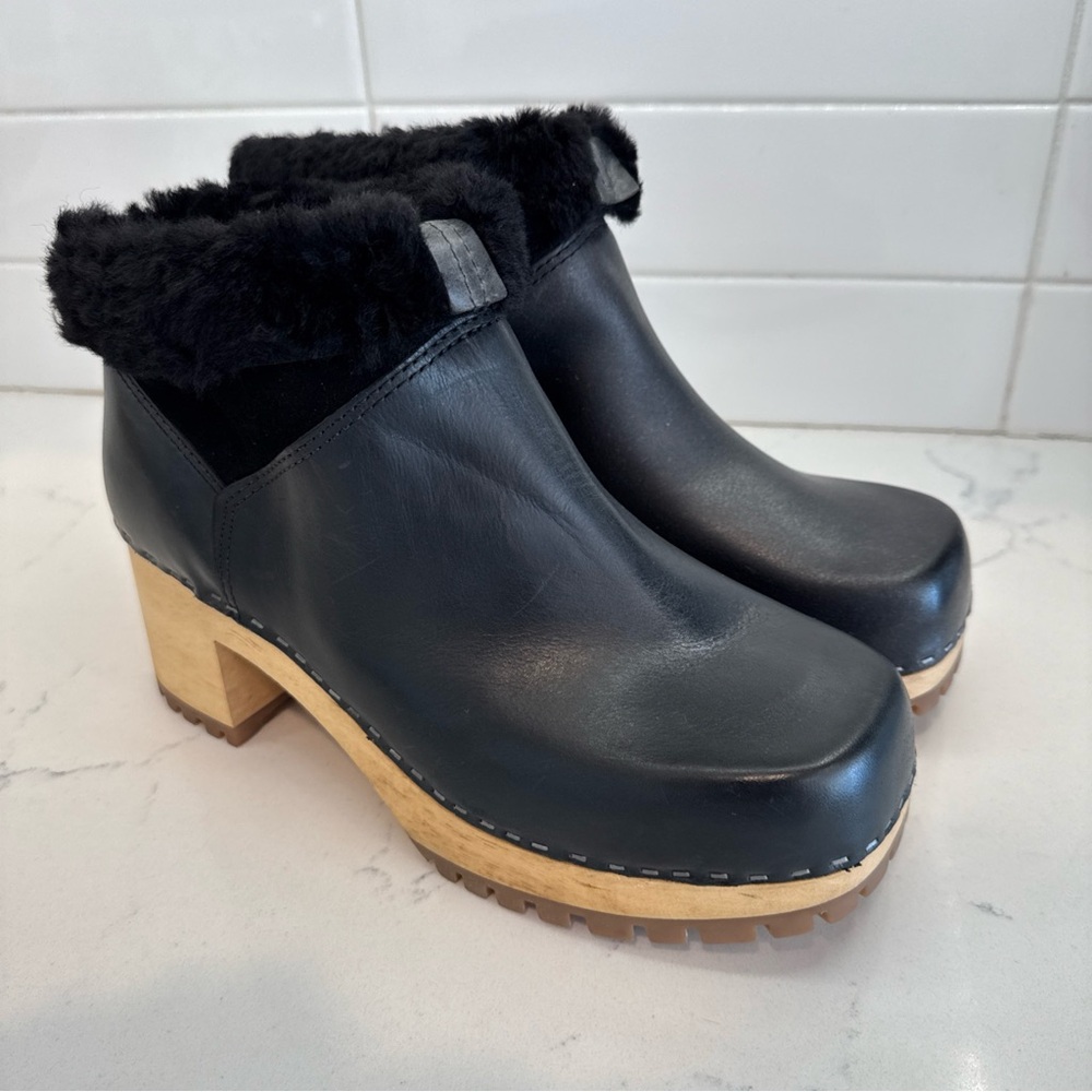 New MIA Clogs ‘Josi’ Women's Black Leather Boots with Sheep Fur Lining wood heel - Picture 11 of 11